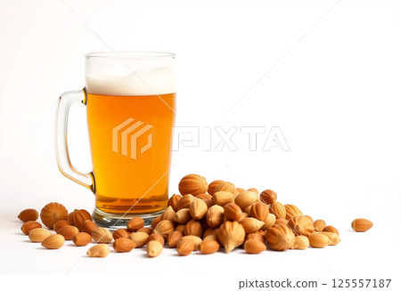 glass of beer, hops and walnuts 125557187