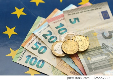 European union money currency Euro different paper notes and coins on flag 125557228