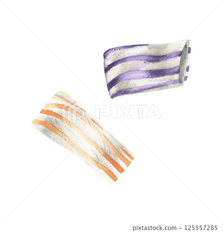 Halloween striped sweet candy in orange and purple colors watercolor illustration. Festive fall season sweet food clipart, lollipop painting for product packing, poster, invitation design 125557285