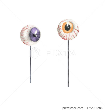 Halloween eye ball ,orange and purple iris, autumn festive scary watercolor illustration. Hand drawn creepy lollipop clipart,trick or treat elements painting for card,party invitation design Halloween eye ball ,orange and purple iris, autumn festive scary watercolor illustration. Hand drawn creepy lollipop clipart,trick or treat elements painting for card,party invitation design 125557286