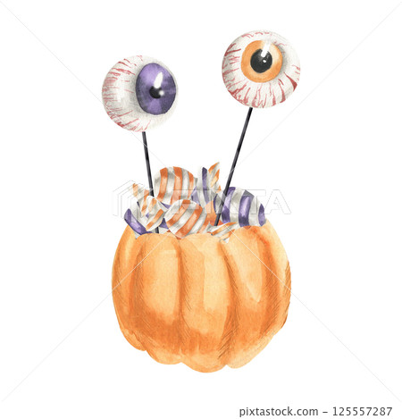 Pumpkin orange basket with Halloween striped orange and purple sweets and sweet eyes on stick watercolor illustration. Hand drawn festive autumn clipart for kid's party card,invitation design Pumpkin orange basket with Halloween striped orange and purple sweets and sweet eyes on stick watercolor illustration. Hand drawn festive autumn clipart for kid's party card,invitation design 125557287