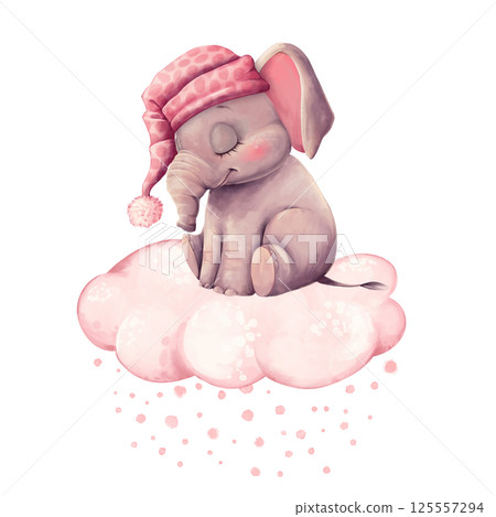 Illustration of a baby elephant asleep on a fluffy cloud, wearing a pink nightcap. 125557294