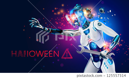 A scary AI cyborg robot with artificial intelligence has turned into a zombie and is attacking with a wrench. The zombie creepy humanoid robot broke down and attacked the owner. Halloween party poster 125557314