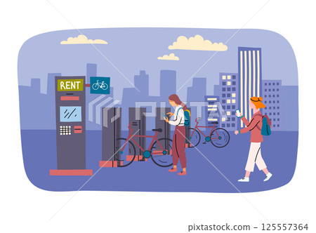 Cartoon Color Characters People and Bicycles for Rent Concept Flat Design Style. Vector illustration of Automated Bike Rental System Cartoon Color Characters People and Bicycles for Rent Concept Flat Design Style. Vector illustration of Automated Bike Rental System 125557364
