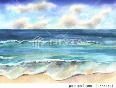 Sunlit ocean waves under a bright blue sky, painted in delicate watercolor. Great for book covers, wall decor, websites, and summer-themed projects. Fresh, airy, and inviting. 125557391