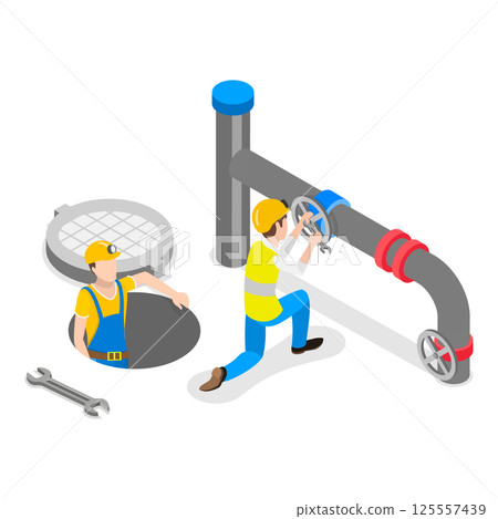 3D Isometric Flat Vector Illustration of Plumbers, Pipeline Repair, Clogged Toilet, Sewer Cleaning. Item 4 125557439