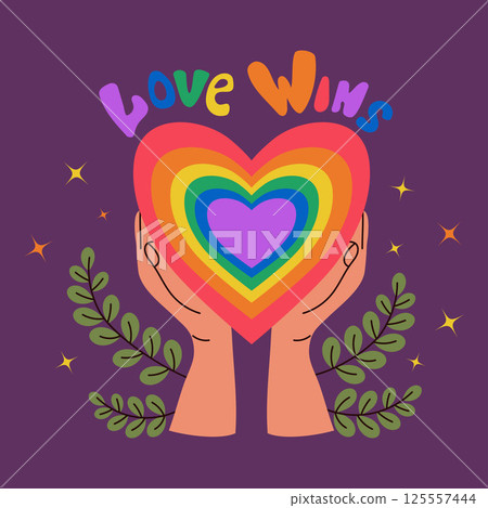 Pride month. Hands Holding Rainbow LGBT Heart. Symbol of LGBTQ community, love, support, inclusivity and acceptance. Positive inspirational festive poster love wings. Vector Illustration Pride month. Hands Holding Rainbow LGBT Heart. Symbol of LGBTQ community, love, support, inclusivity and acceptance. Positive inspirational festive poster love wings. Vector Illustration 125557444