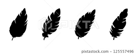 Set of Black Silhouettes of Feathers Isolated on White Background. Concept of Nature Art, Minimalist Design, Elegant Plumage, Graphic Elements for Decor, Icons, Wildlife Illustration, Bird Feathers. 125557496