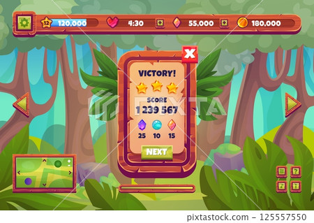 Forest game interface. Wood user interface elements on adventure casual mobile gaming level background, magic jungle fairy forest ui buttons, cartoon swanky vector illustration Forest game interface. Wood user interface elements on adventure casual mobile gaming level background, magic jungle fairy forest ui buttons, cartoon swanky vector illustration 125557550