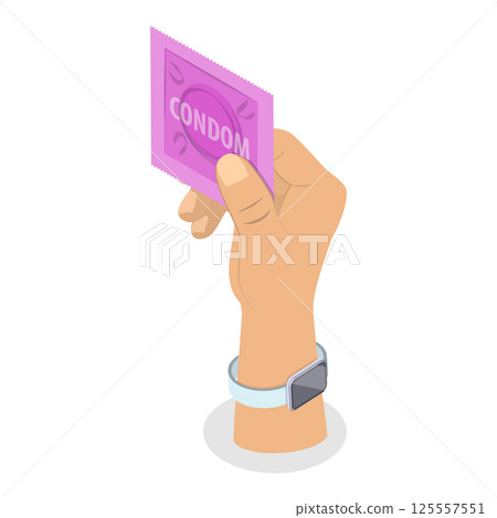 3D Isometric Flat Vector Illustration of Hand with Condom, Safe Sex, Healthy Lifestyle. Item 3 125557551
