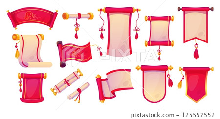 Chinese paper scrolls. Old paper roll royal letter with red rope, japan book reels asian vintage parchment banner lunar new year festive scroll, cartoon swanky vector illustration 125557552