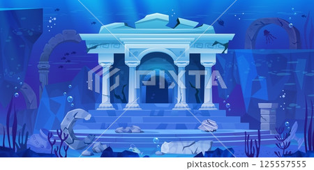 Underwater temple. Sunken ancient palace on ocean bottom, lost atlantis city under sea water deep world cartoon game ui background marine ruin landscape, swanky vector illustration Underwater temple. Sunken ancient palace on ocean bottom, lost atlantis city under sea water deep world cartoon game ui background marine ruin landscape, swanky vector illustration 125557555