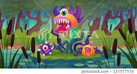 Monster plants landscape. Fantasy scary jungle with carnivorous flowers, magic game level halloween background evil flower in swamp dark forest flytrap, swanky vector illustration 125557558