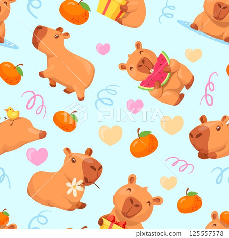 Capybara pattern. Kawaii capybaras seamless patterns, cute capibara baby animal cartoon characters background fabric print decor wallpaper childish mascot, neat vector illustration Capybara pattern. Kawaii capybaras seamless patterns, cute capibara baby animal cartoon characters background fabric print decor wallpaper childish mascot, neat vector illustration 125557578