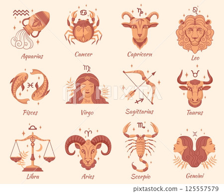 Cartoon zodiac signs. Horoscope astrology constellation symbols, aries taurus leo gemini virgo scorpio libra aquarius sagittarius pisces capricorn cancer, neat vector illustration Cartoon zodiac signs. Horoscope astrology constellation symbols, aries taurus leo gemini virgo scorpio libra aquarius sagittarius pisces capricorn cancer, neat vector illustration 125557579