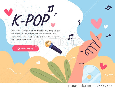 K pop poster. Kpop korean music culture, hand heart gesture with microphone korea idol dance vocalist banner cute asian design landing page for concert event vector illustration 125557582