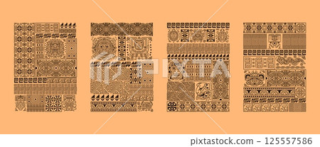 Mayan ornament posters. Maya inca peru ethnic pattern, african tribal tattoo symbol aztec ancient mexican culture peruvian tiki tribe texture print, swanky vector illustration 125557586