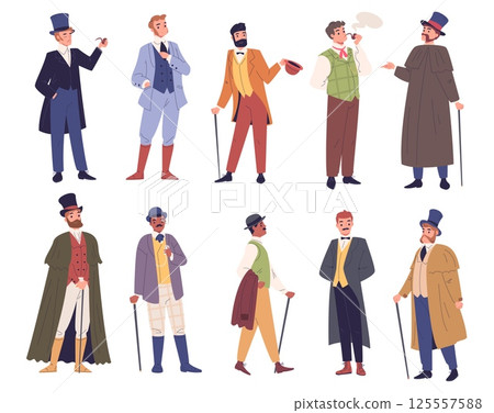 Victorian gentlemen. English aristocrat fashion gentleman characters, 19th century british man in hat cane and vintage costume 1900 old outfit dandy set, classy vector illustration Victorian gentlemen. English aristocrat fashion gentleman characters, 19th century british man in hat cane and vintage costume 1900 old outfit dandy set, classy vector illustration 125557588