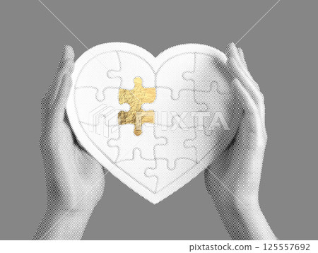 Hands holding golden puzzle piece, symbolizing emotional support, healing, and wellness. Love, 125557692