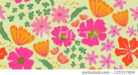 Seamless pattern of flowers and leaves of different shapes. Colorful floral vector illustration 125557804