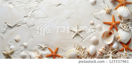 Seashells and starfish on sandy beach, perfect natural background for designs 125557961