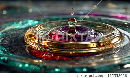 Golden futuristic liquid drop splashing into a reflective surface, symbolizing energy, motion, and technological innovation Golden futuristic liquid drop splashing into a reflective surface, symbolizing energy, motion, and technological innovation 125558028