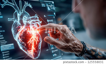 Close-up of a man hand examining a digital glowing 3D heart hologram in a high-tech futuristic interface 125558031