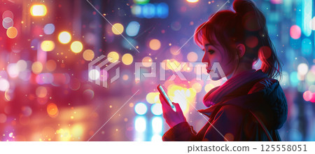 Vibrant city night: woman engrossed in mobile app under dazzling street lights 125558051