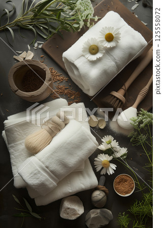 Tranquil spa setting with towels herbal bags, and beauty products for relaxation 125558072