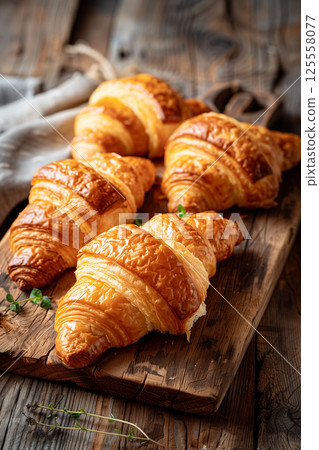 Assorted croissants on a rustic wooden board with warm tonal range 125558077
