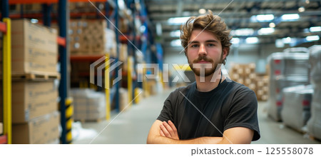 Male warehouse worker in bright distribution center with abundant natural light 125558078