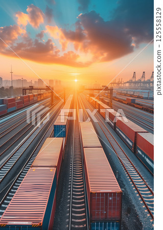 Shipping containers arriving at rail yard for transport and logistics operations Shipping containers arriving at rail yard for transport and logistics operations 125558129