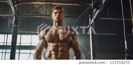 Dedicated male bodybuilder exercising in gym with space for text 125558255