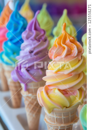 Assorted fruity flavored ice cream cones - colorful frozen desserts in waffle cones Assorted fruity flavored ice cream cones - colorful frozen desserts in waffle cones 125558271