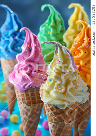 Assorted fruity flavored ice cream cones - colorful frozen desserts in waffle cones 125558292
