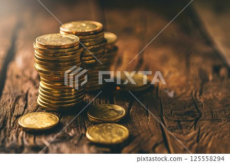 Stacks of gold coins on rustic wooden table symbolizing savings and investment 125558294