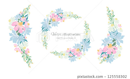 Gorgeous floral frame in pink, light blue and white. Circle frame. Text space 125558302
