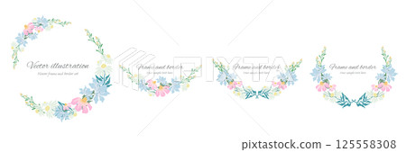 Gorgeous floral frame in pink, light blue and white. Circle frame, laurel, laurel wreath. Text space 125558308
