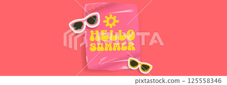 Hello summer pink groovy sticker and banner design with sunglasses isolated on pink. Hello summer motto sticker, tag, retro label, banner, ribbon, label png with quote. Summertime design template 125558346