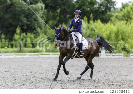 Young Equestrian Performing Dressage Test at Horse Riding Competition Young Equestrian Performing Dressage Test at Horse Riding Competition 125558411