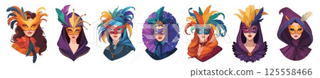 women in carnival mask. portrait of a girl costume with feathers set cartoon, woman festival theater costume evening ball parade mysterious bright image vector illustration 125558466