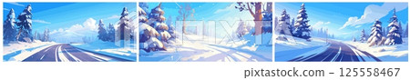 winter roads background cartoon. snowy road landscape set, cold season pine trees forest clouds plain mountain path travel trip vector illustration 125558467