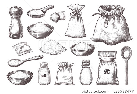 salt engraving set. hand drawn spice, spoon packaging crystals sachet bag menage cup sea seasoning handful cooking taste crumbly salty ingredient vintage drawing vector illustration 125558477