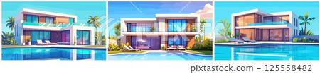 pool villa facade. luxury white minimalist modern summer house, high-tech hotel tropical vacation glass chaise lounge palm trees vector illustration 125558482