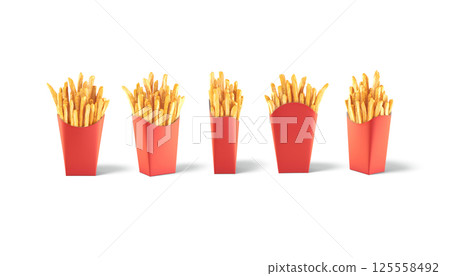 Blank red paper pack french fries mockup, different angles views Blank red paper pack french fries mockup, different angles views 125558492