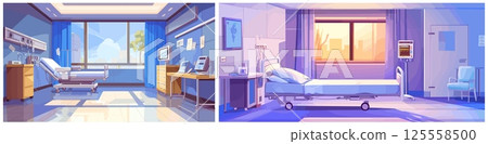 hospital wards cartoon background. interior of empty ward with window bed medical monitor cartoon, room medicine clinic health doctor vector illustration 125558500