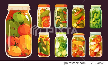 glass jars with vegetables. canned pickled cucumbers tomatoes red yellow peppers cartoon set, food cooking preparations salted pickles marinade storage cellar vector illustration 125558523
