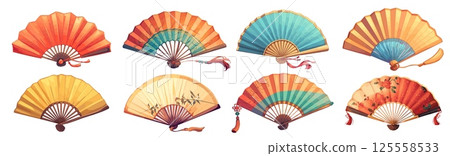 fans set cartoon. red yellow blue folding fan, decoration asia chinese japanese handmade paper vintage traditional item vector illustration 125558533