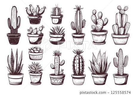 cacti engraving set. hand drawn potted cactus, prickly plant arid desert needle monochrome botanical vintage sketch vector illustration 125558574