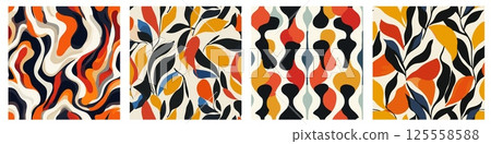 art pattern. black yellow blue red smooth flat abstract background set, nature botanical foliage drops stains creativity paint design wallpaper painting minimalism vector illustration 125558588